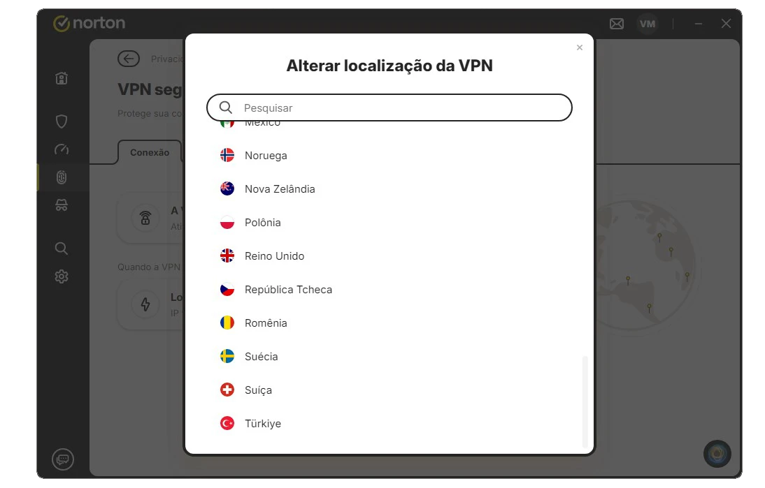 Lista de servidores VPN do Norton com seleção de país e opção de conexão automática pelo aplicativo