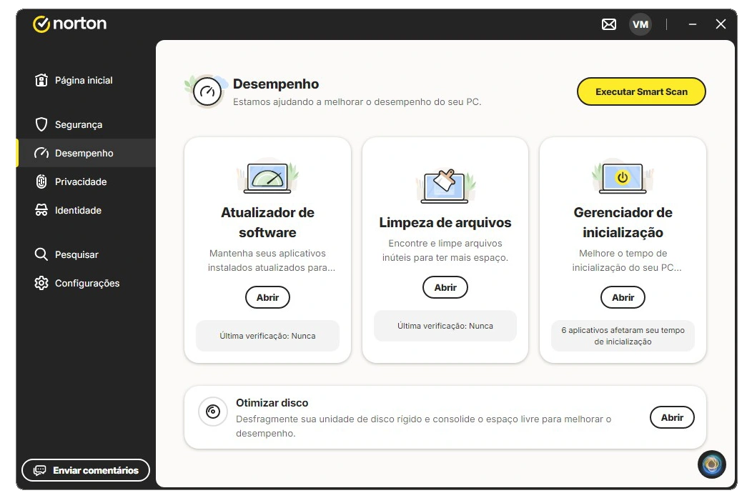 Tela de desempenho do Norton com atualizador de software, limpeza de arquivo, gerenciador de inicialização e otimizador de disco