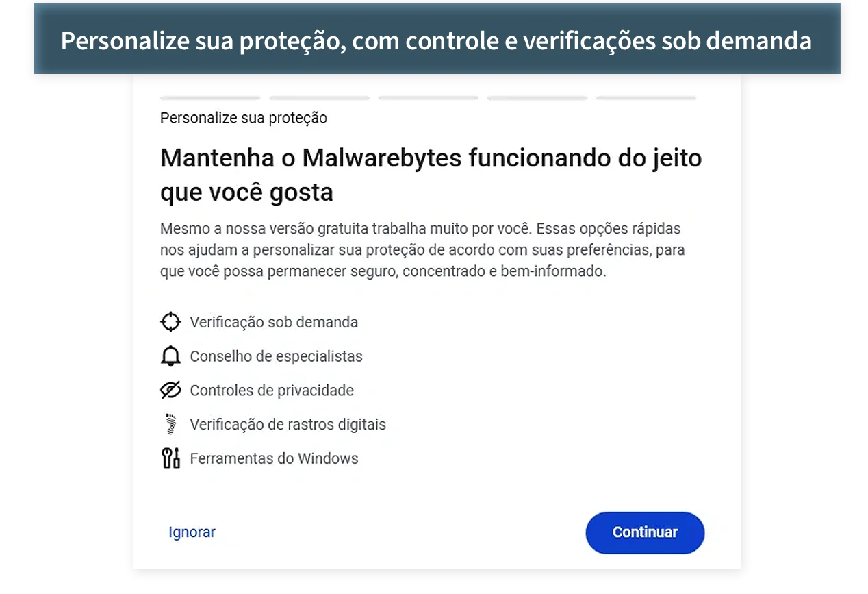 Tela de personalização da proteção no Malwarebytes gratuito
