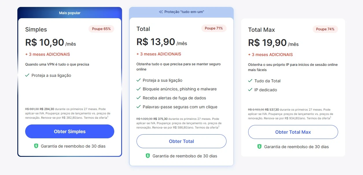 Tabela de preços dos planos NordVPN Simples, Total e Total Max