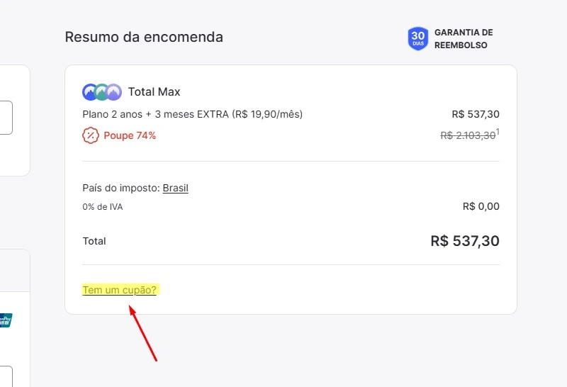Campo para inserir cupom NordVPN no checkout