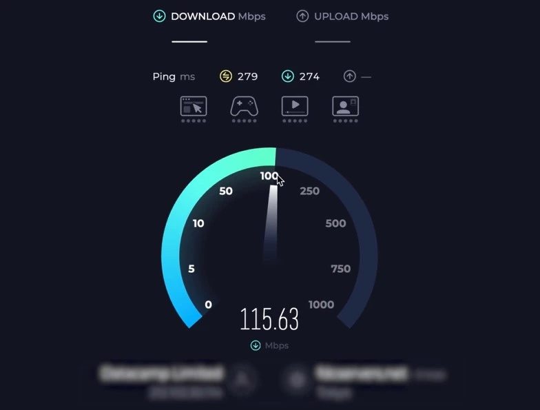 Resultado do Speed Test com a NordVPN ligada mostrando velocidade de download e upload com a VPN ativa
